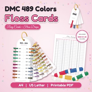 May include: DMC 489 Colors Floss Cards set featuring ring cards and floss drops. Includes a printable PDF inventory sheet in A4 and US Letter sizes. The cards display color numbers 909-934 with corresponding thread samples attached.