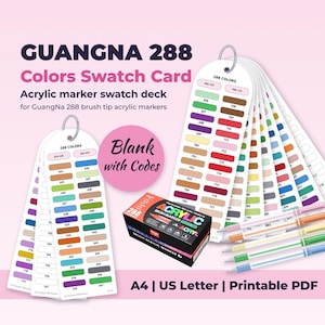 May include: Guangna 288 colours swatch card set for acrylic markers. Includes two fan-style decks with colour-coded rectangular swatches, a black box labelled Acrylic Brush Marker, and four markers. Text includes 288 Colors, Blank with Codes, and A4 | US Letter | Printable PDF.
