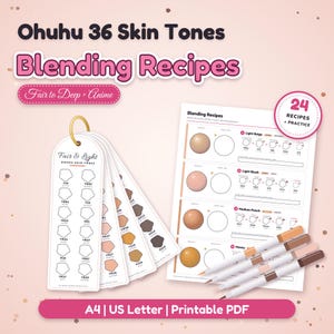May include: Ohuhu 36 Skin Tones Blending Recipes printable PDF set featuring a ring-bound swatch card deck with color codes, a recipe instruction sheet with 24 practice slots, and four markers in various skin tone shades on a light background.