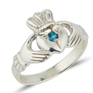 White Gold Claddagh Ring with Birthstone