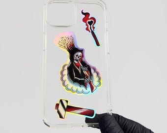 Edgy Tattoo Stickers – Holographic Old School Skull & Reaper Flash Pack