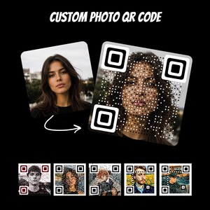 Può includere: Un display con codice QR fotografico personalizzato che presenta un grande grafico quadrato con un ritratto sovrapposto da un motivo QR in bianco e nero. Il testo CUSTOM PHOTO QR CODE appare in alto, con cinque esempi di codici QR più piccoli.