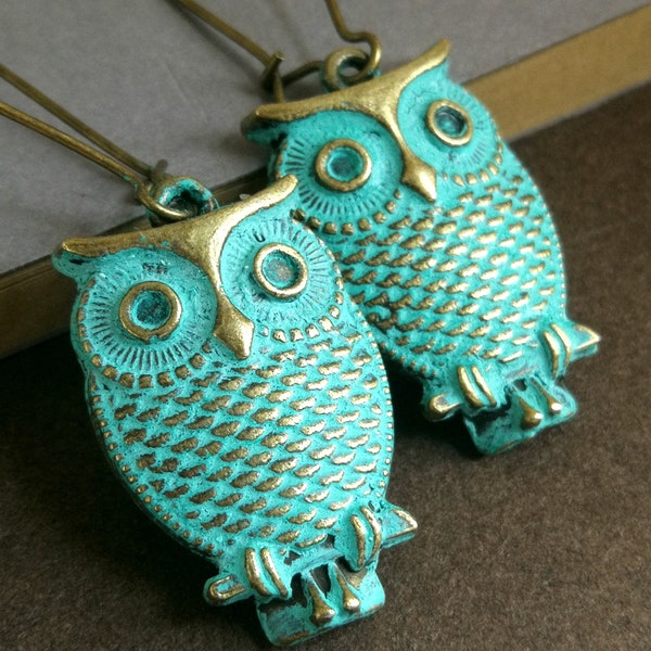 Owl Earrings. Patina Blue Owl Earrings. Boho Chic. Bird Earrings. Owl Jewellery. Verdigris Owl. Statement Earrings. Gift Idea. HP Earrings