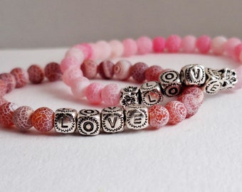 LOVE Bracelet. Love Beaded Bracelet. Red Stone Bracelet. Sterling Silver Bracelet. Letter Bracelet. Stretchy Bracelet. Gift For Girlfriend.