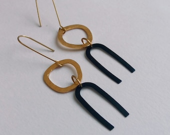 Geometric Earrings, Hammered Brass Earrings, Abstract Earrings, Black Gold Earrings, Minimalist Earrings, Statement Earrings, U Earrings