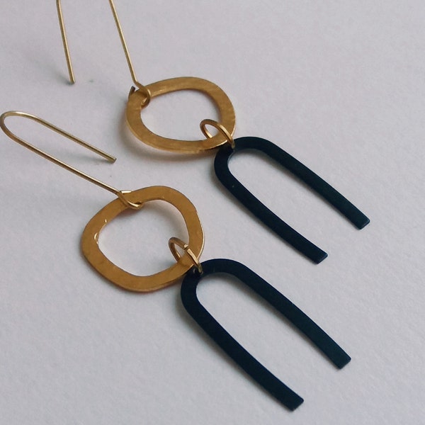 Geometric Earrings, Hammered Brass Earrings, Abstract Earrings, Black Gold Earrings, Minimalist Earrings, Statement Earrings, U Earrings