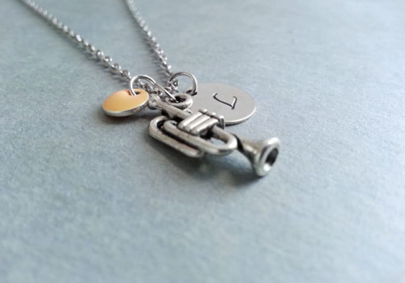 Personalized Gift Music Necklace Musician Jewelry Silver Trumpet Necklace Hand Stamped.Trumpet Pendant Initial Necklace