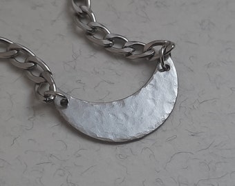 Silver Crescent Necklace. Hammered Crescent Necklace. Moon Choker. Stainless Steel Necklace. Hammered Moon Necklace. Chunky Chain Necklace.