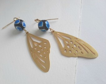 Brass Butterfly Wing Earrings. Raw Brass Butterfly Earrings. Blue Butterfly Earrings. Everyday Earrings. Insect Earrings. Brass Earrings.