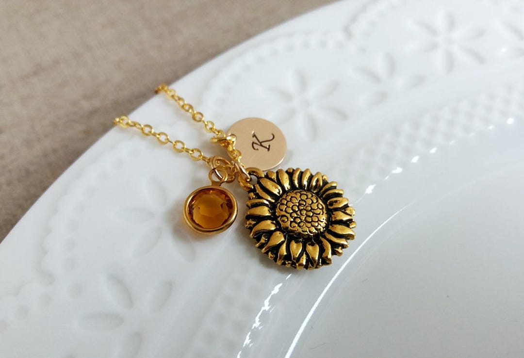 Gold Sunflower Necklace. Initial Necklace. Antique Gold Etsy