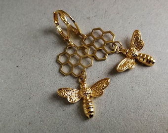 Gold Bee Earrings, Honeycomb Bee Earrings, Hexagon Earrings, Beehive Earrings, Gift for Women, Honeycomb Earrings, Gold Bee Earrings