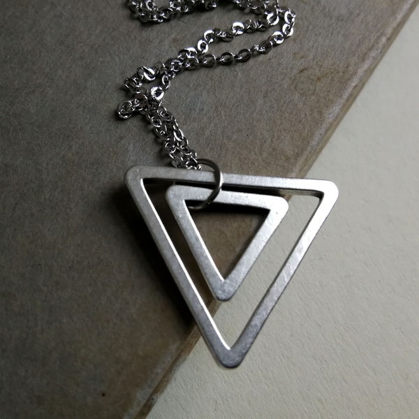 Silver Double Triangle Necklace. Antique Silver Triangle Necklace. Unisex Necklace. Boyfriend Gift. Silver Triangle Necklace. Men's Jewelry