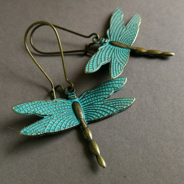 Vintage Dragonfly Earrings. Patina Blue Dragonfly. Boho Earrings. Verdigris Dragonfly. Insect Earrings. Statement Earrings. Gift Idea.