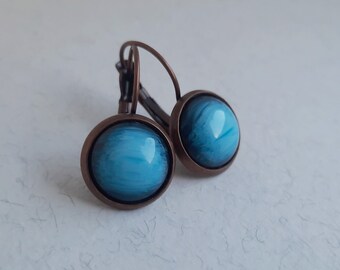 Copper Blue Earrings.  Bohemian Earrings. Vintage Earrings. Autumn Earrings. Boho Blue Earrings. Christmas Gift. Copper Leverback Earrings