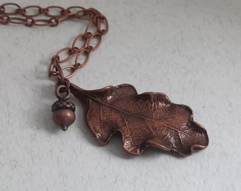 Copper Leaf Necklace. Large Leaf Necklace. Acorn Necklace. Fall  Necklace. Autumn Necklace. Long Necklace. Chunky Chain Necklace. Gift Idea