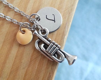 Silver Trumpet Necklace. Initial Necklace. Personalized Gift. Hand Stamped.Trumpet Pendant. Music Necklace. Musician Jewelry