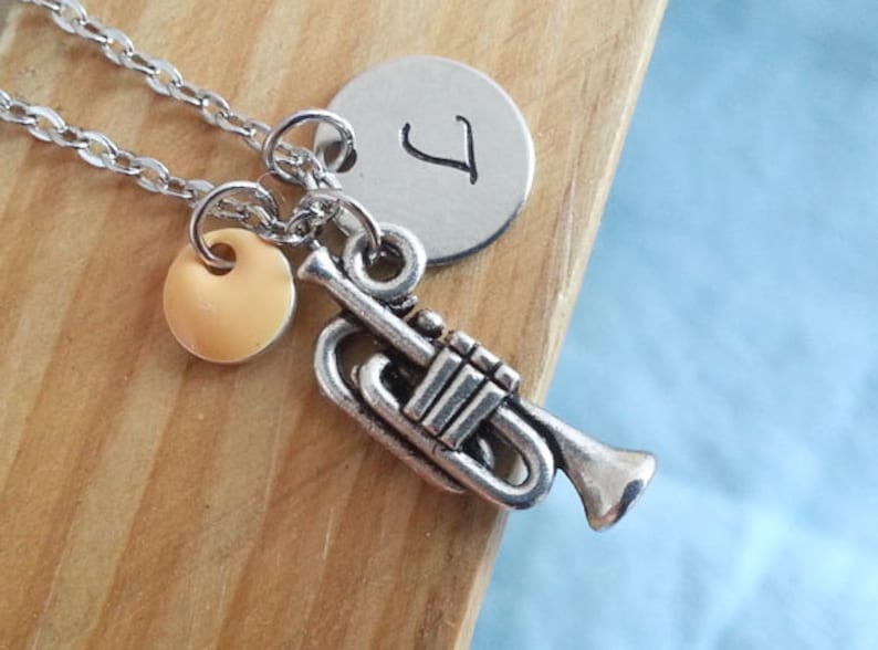 Personalized Gift Music Necklace Musician Jewelry Silver Trumpet Necklace Hand Stamped.Trumpet Pendant Initial Necklace