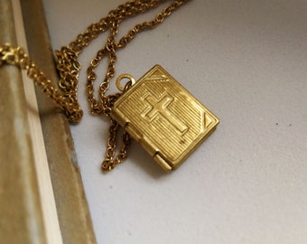Brass Cross Locket. Book  Locket. Religious Locket. Keepsake Necklace. Vintage Locket. Miniature Book. Tiny Book Locket. Gift Idea