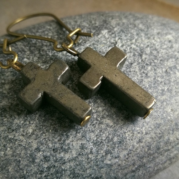 Pyrite Cross Earrings. Vintage Cross Earrings. Antique Gold Cross Earrings. Vintage Cross. Bohemian Cross. Boho Chic. Bohemian Earrings