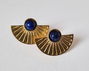 Lapis Lazuli Stud Earrings. Brass Sun Earrings. Brass Post Earrings. Half Moon Stud Earrings. Art Deco Earrings. Blue Stone Stud Earrings