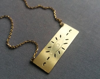 Goemetric Eye Necklace. Brass Eye Necklace. Brass Rectangle Eye Pendant Necklace. Vintage Pendant. Layering Necklace. Boho Style Necklace