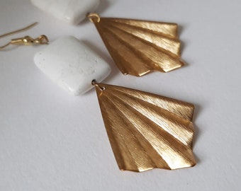 Brass Fan Earrings. Art Deco Earrings. Geometric Earrings. Statement Earrings. White And Gold Earrings. Summer Earrings. Earrings For Women