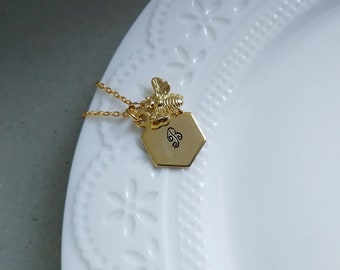 Gold Bee Necklace. Hexagon Disc Necklace. Initial Hexagon Necklace. Gold Honeycomb Necklace. Gift For Her. Honey Bee. Beehive Necklace