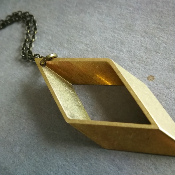 Brass Rhombus Necklace, Brass Geometric Necklace, Unisex Jewelry, Industrial Necklace, Vintage Necklace, Modern Necklace, Long Necklace