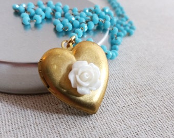 Rosary Gold Heart Locket Necklace. Blue Rosary Locket. Keepsake Necklace. Vintage Heart Locket. Vintage Locket. Gift For Her. Heart Locket