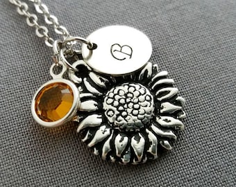 Sunflower  Necklace. Initial Necklace.  Silver Sunflower Pendant. Swarovski Birthstone. Personalized Gift. Flower Necklace. Thanksgiving