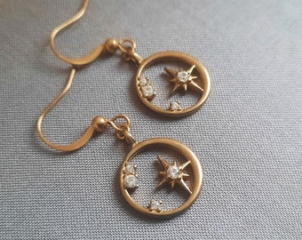 Small Star Moon Earrings. Moon Star Earrings. Tiny Brass Earrings. Raw Brass Zirconia Star Moon Earrings. Dangle Earrings.Boho Chic Earrings