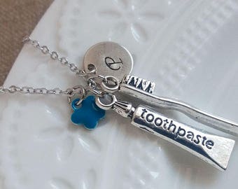 Silver Toothbrush Toothpaste Necklace, Initial Necklace, Toothbrush Pendant, Toothpaste Charm, Dentist Gift, Personalized Gift,Hand Stamped