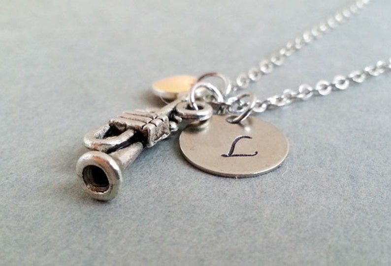 Personalized Gift Music Necklace Musician Jewelry Silver Trumpet Necklace Hand Stamped.Trumpet Pendant Initial Necklace
