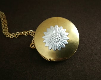 Sunflower Locket, Gold Silver Locket, Tiny  Brass Locket, Floral Locket, Photo Locket, Boho Locket, Mixed Metal Locket, Daisy Locket