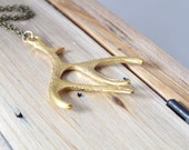 Gold Antler Necklace. Long Boho Necklace. Brass Long Chain. Gold Antler Elk. Deer Antler Jewelry. Long Elk Antler Necklace
