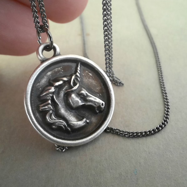 Antique Silver Unicorn Necklace. Silver Unicorn Medallion. Vintage Unicorn Necklace. Antique Silver Unicorn Necklace. Unicorn Coin Necklace
