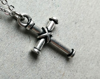 Silver Cross Necklace. Large Cross Charm. Rhinestone Cross Pendant. Cross Jewelry. Long Necklace. Layering Layered