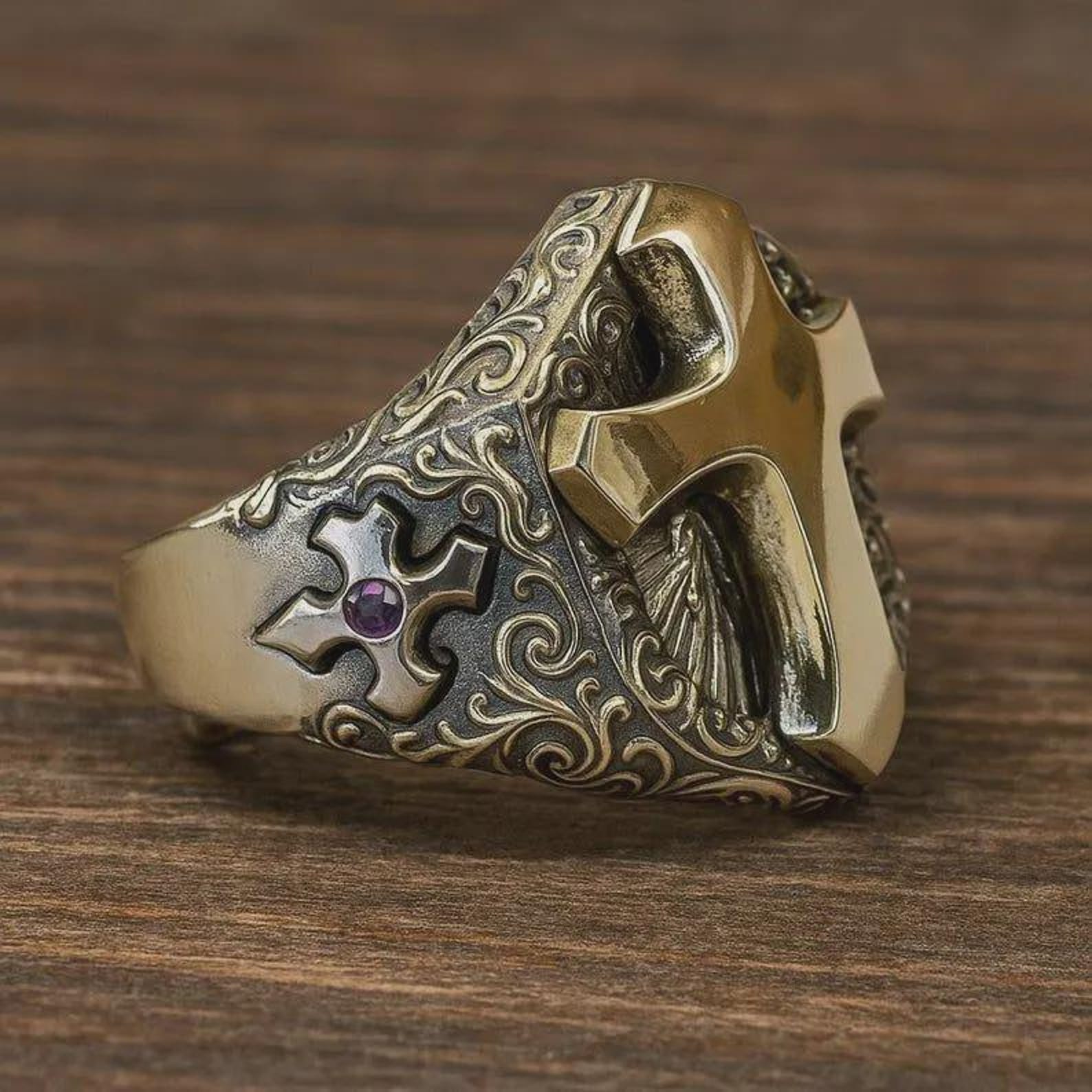 Vintage Cross Signet Ring, Gothic Religious Ring for Men, Brass ...