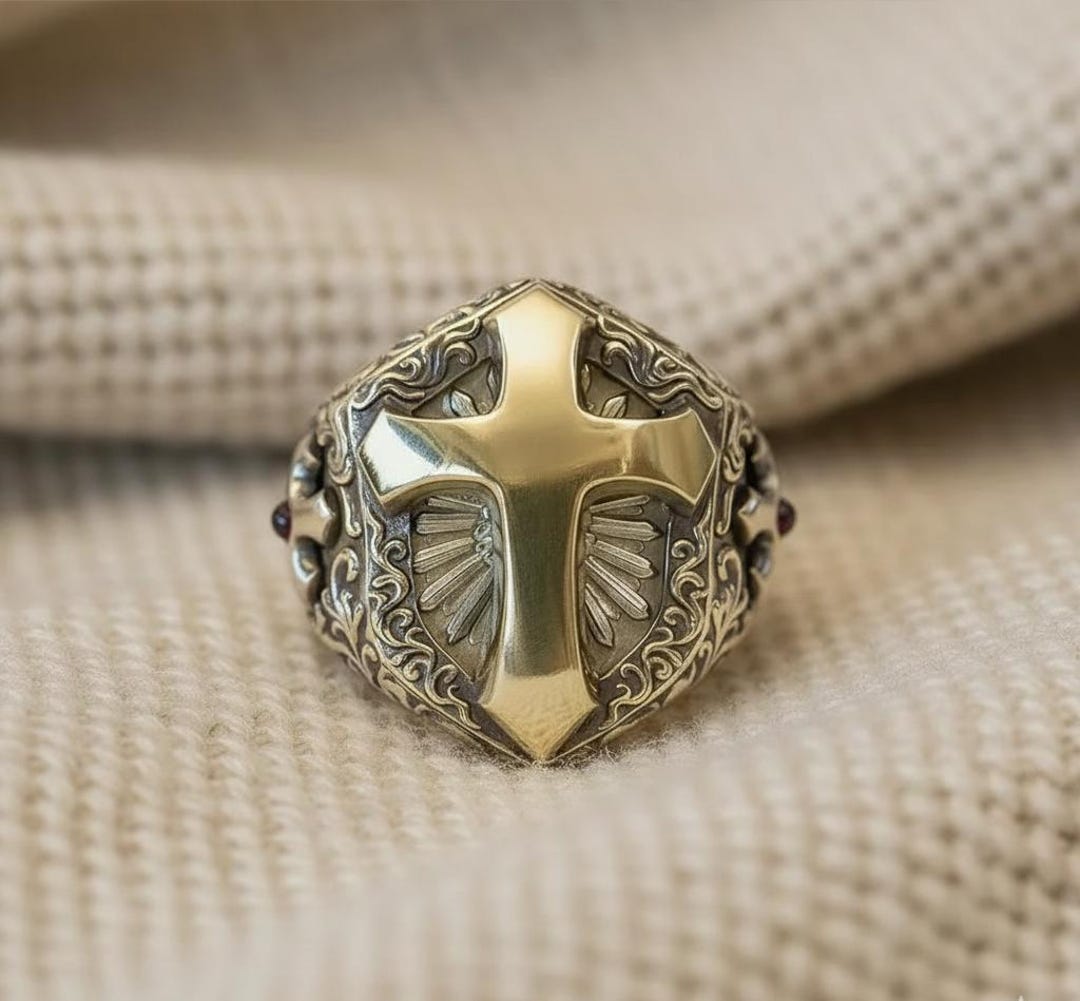 Vintage Cross Signet Ring, Gothic Religious Ring for Men, Brass ...