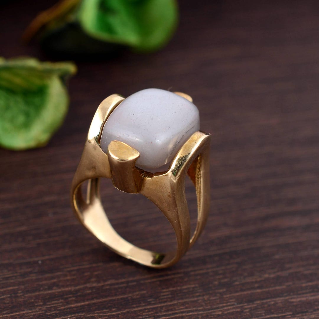 Vintage Brass Ring, Grey Stone Ring, Retro Boho Statement Ring, Chunky ...