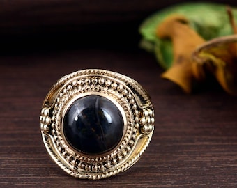 Vintage Brass Statement Ring, Bold Boho Gemstone Ring, Handmade Adjustable Ethnic Jewelry, Antique Style Brass Ring for Men & Women