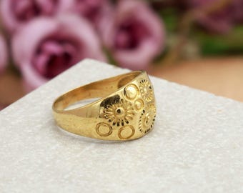 Floral Engraved Brass Ring for Women | Handmade Vintage Gold Tone Band | Boho Retro Adjustable Ring | Statement Jewelry Gift for Her