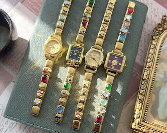 Vintage Italian Modular Watch Bracelet,Gold Colorful Gems Womens Wristwatch,Retro Watch Bands,Customizable Jewelry,Unique Gift For Her