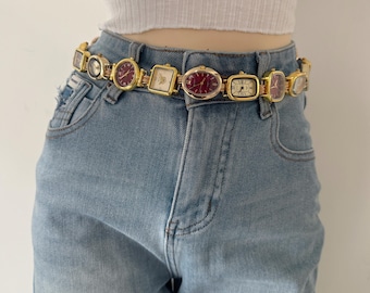 Red Watch Waist Chain Belt,Y2K Gold Multi Watch Link Belt,Retro Clock Face Waist Chain,Hip Chain Gothic Punk  Jewelry,Jeans Accessor