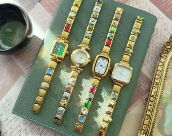 Gold Italian Modular Watch Bracelet,Vintage Colorful Gemstone Charms Watch Bands,Retro Style Watch Wristwatch,Perfect Gift For Her