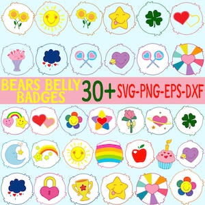 Könnte beinhalten: Eine Sammlung von über 30 farbenfrohen Abzeichen mit verschiedenen Designs, darunter Blumen, Herzen, Sterne und Regenbogen. Der Text "BEARS BELLY BADGES" und "30+ SVG-PNG-EPS-DXF" sind zu sehen. Die Abzeichen sind auf hellblauem Hintergrund angeordnet.