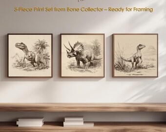 Driedelige dinosaurusillustratieset, muurkunst dinosaurusschetsen prints (digitale download)
