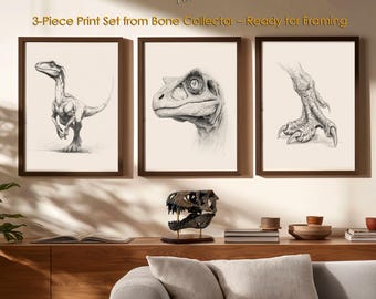 Velociraptor Sketch Art Prints – 3-Piece Dinosaur Illustration Set (Digital Download)