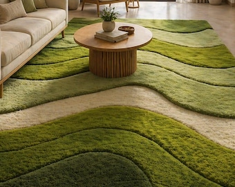 Alfombra con diseño abstracto de olas verdes, suave y mullida, ideal para la decoración del hogar inspirada en la naturaleza.