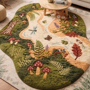 May include: An irregular, oval-shaped area rug featuring a detailed forest floor scene. The design includes tufted textures of green mossy patches, red-capped mushrooms, ferns, a winding light-coloured path, a dragonfly, a butterfly, and leaves.